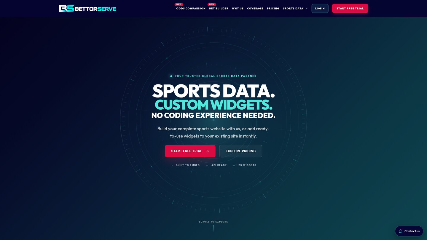 BettorServe homepage showcasing sports data and embedded widgets