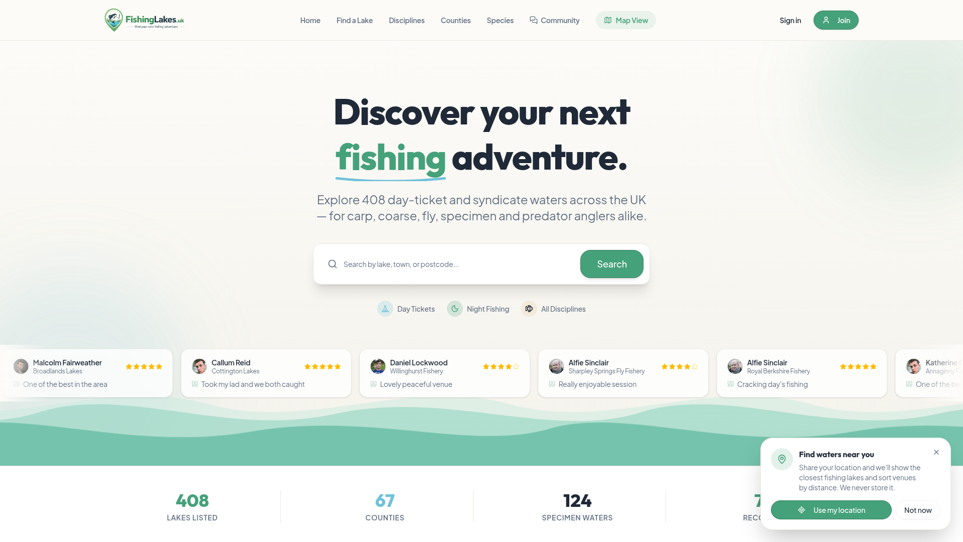 FishingLakes.uk homepage showcasing its UK fishing lake directory
